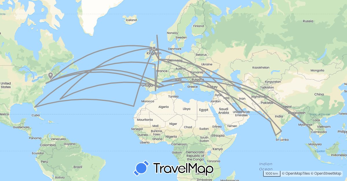 TravelMap itinerary: driving, plane in United Arab Emirates, Bermuda, Spain, United Kingdom, Guernsey, India, Italy, Qatar, Thailand, United States (Asia, Europe, North America)